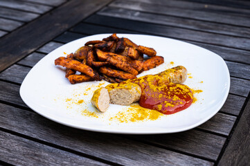vegan curry sausage with potato and sweet potato split, ketchup with curry powder healthy to eat, on a rustic wooden table