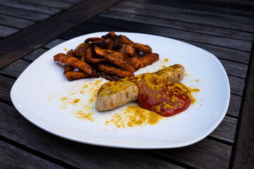 vegan curry sausage with potato and sweet potato split, ketchup with curry powder