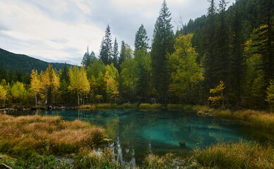 Geyser lake near the village of Aktash in the Altai Mountains