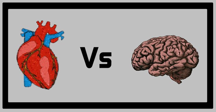 Ilustraci&oacute;n de un corazon enfrentado a un cerebro dibujados con efecto de mosaico. Esta ilustraci&oacute;n representa las formas de actuar frente a algo, a veces usamos el coraz&oacute;n y otras el cerebro
