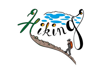 Hand drawn colorful lettering hiking. White background. 