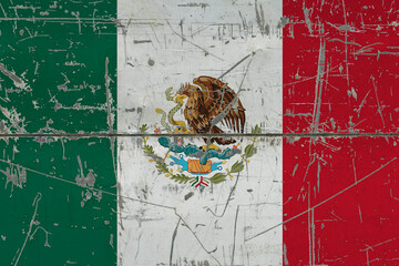 Mexico flag painted on cracked dirty surface. National pattern on vintage style surface. Scratched and weathered concept.