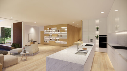 3d rendering. Interior house modern open living space with kitchen.Loft style Duplex apartment residence.Home decoration luxury  interior design.