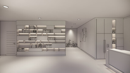 3d rendering. Interior house modern open living space with kitchen.Loft style Duplex apartment residence.Home decoration luxury  interior design.