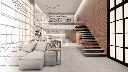 3d rendering. Interior house modern open living space with kitchen.Loft style Duplex apartment residence.Home decoration   interior design.drawing line sketch to realistic. © anon