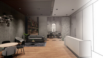 Interior Empty Modern Loft Office open space modern office footage.Modern open concept Lobby and reception area meeting room design.4k . 3d Rendering and drawing line sketch.