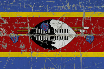 Swaziland flag painted on cracked dirty surface. National pattern on vintage style surface....