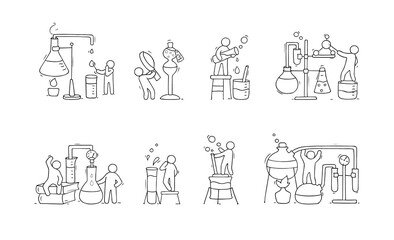 Set of chemical icons with working people.