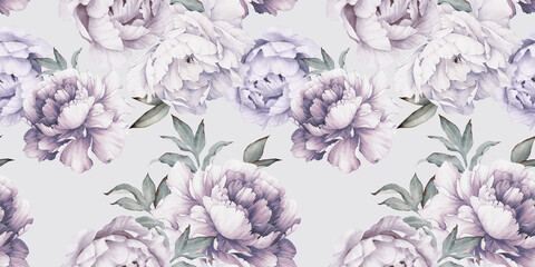 Seamless floral pattern with peony flowers on summer background, watercolor.  Botanical art © ola-la