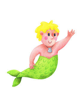 recommend clip art: Cartoon male mermaid with yellow hair. Children's watercolor illustration of a fairy-tale character. Bodie is a positive guy. Stock image isolated on a white background. Cute print with Triton.