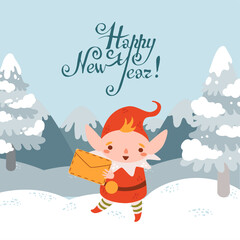 Flat cartoon cute vector Christmas elf with letter, envelope. Winter forest landscape. Template for card