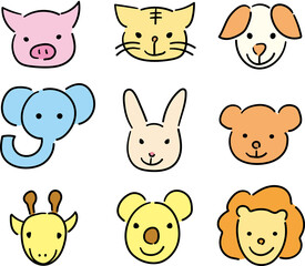 動物のイラスト。豚、猫、犬、象、ウサギ、くま、キリン、コアラ、ライオン。