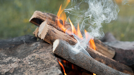 Kindling a fire of wood for cooking barbecue in nature. High quality photo