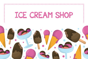 Yummy ice cream border for ice cream shop visit card concept. Vector cartoon style images. Pre-ready visit card design.