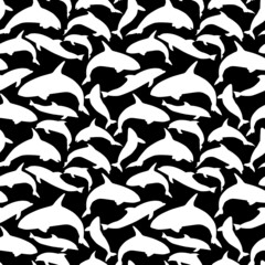 Seamless pattern, dolphins silhouettes, wallpaper and fabric ornament, wrapping paper, background for design