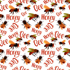 Seamless pattern, bees, honey and lettering, ornament for wallpaper and fabric, wrapping paper, background for design