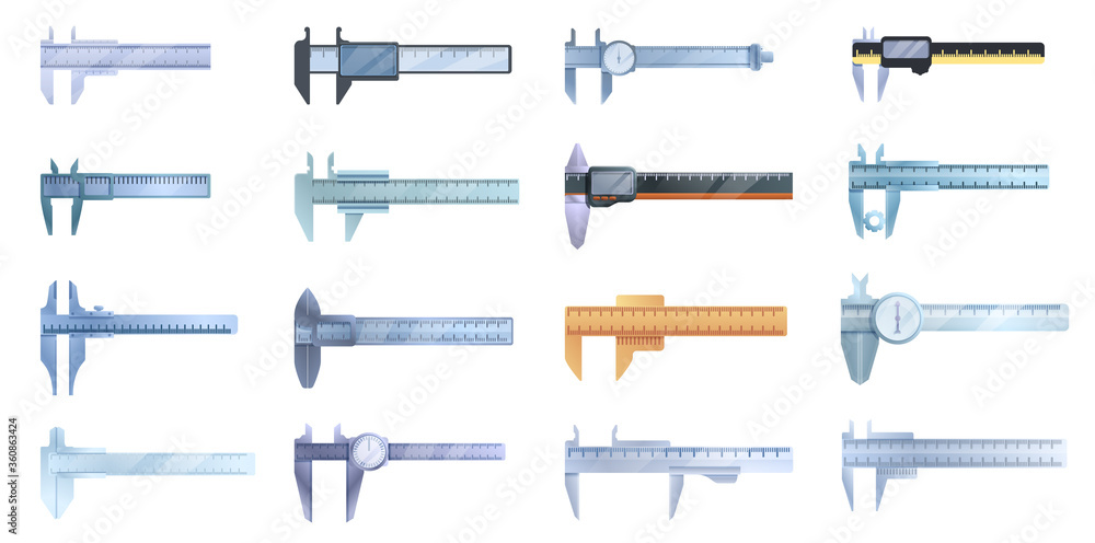 Poster calipers icons set. cartoon set of calipers vector icons for web design