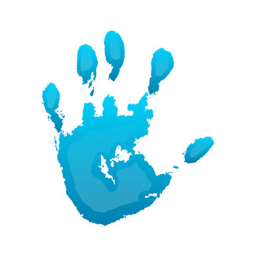 Hand paint print 3D, isolated white background. Blue human palm and fingers. Abstract art design, symbol identity people. Silhouette child, kid, people handprint. Grunge texture. Vector illustration