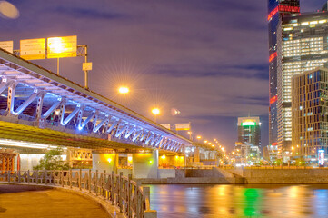 Fototapeta na wymiar Moscow business district, bridge over the river. The Russian Federation.