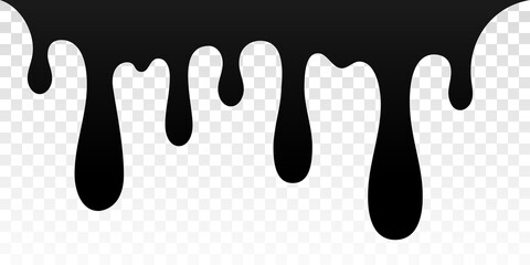 Drip paint. Ink stain. Drop melt liquid isolated on white transparent background. Splash of chocolate, oil, blood. Black splatter syrup, candy sauce, caramel. Color easy to edit. Vector illustration