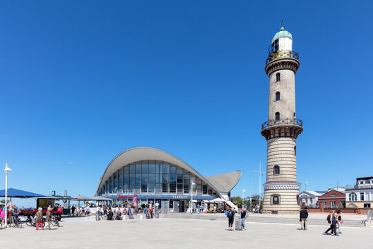ROSTOCK, GERMANY - JUNE 15, 2020: Warnem&uuml;nde Lighthouse. It has a height of 36.9 metres (121 ft) and was put into service in 1898.