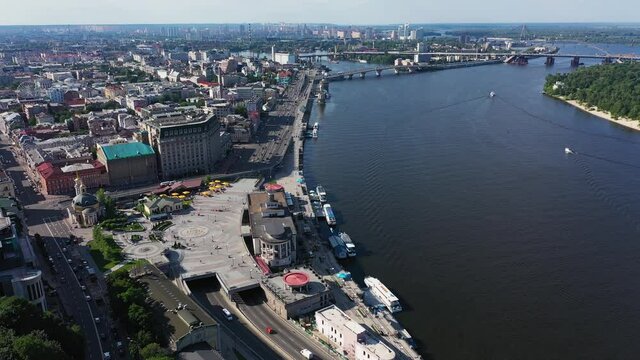 Podol district and Dnepr river in Kyiv aerial view.