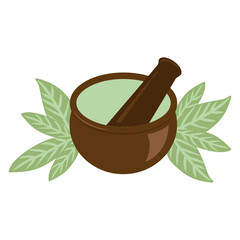 green leaves in behind of mortar and pestle