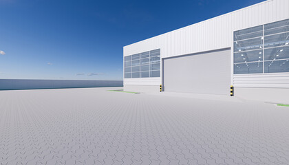 Fototapeta na wymiar Warehouse or industry building exterior. Use as distribution center for loading, storage, warehousing, shipping and freight forwarding of cargo. Outdoor floor paving with brick stone. 3d render.