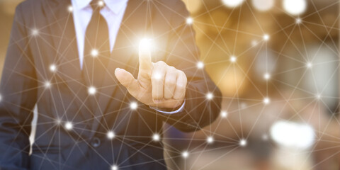 Businessman hands touching point network connection on blurred background. Wireless connect futuristic concept.