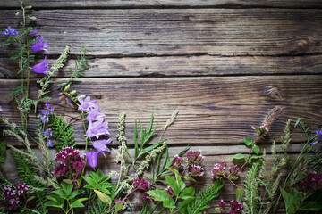 wildflowers on dark old wooden background