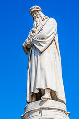 Statue of Leonardo da Vinci sculpted by Pietro Magni in in Piazza della Scala, Milan, Lombardy, Italy