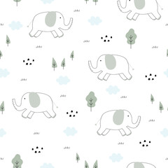 Seamless pattern child elephant Hand drawn cartoon animal background
