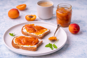 Homemade apricot jam and creme cheese toasts.