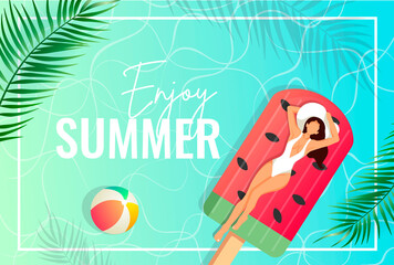 Enjoy summer card with woman swimming on the mattress in the sea and tropical leaves. Vector illustration for summer vacations and holidays, Leisure, Nature, Relaxation, Fashion.