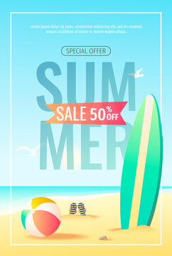 Summer sale flyer with surfboard and ball on the beach. A4 Vector illustration for special offer, promo, advertising, banner, discount, flyer.