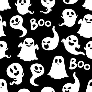 Cute and scary ghost seamless pattern. Halloween holidays cartoon character background. -Vector