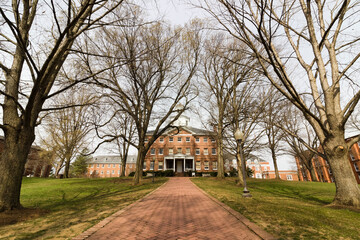Tree-lined approach towards the Georgian styled McDowell Hall, St John's College, Annapolis, Maryland 
