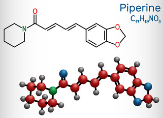 Piperine, C17H19NO3 molecule. It is alkaloid isolated from the plant Piper nigrum. It has role as plant metabolite, food component, human blood serum metabolite. 