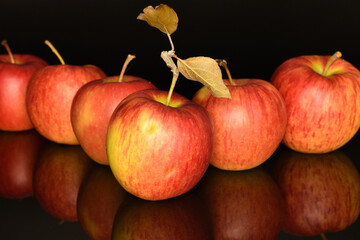 Ripe red apples, close-up, on a black background.