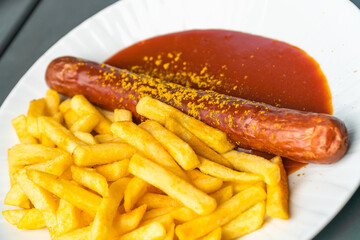 Traditional Berlin German grill barbecue curry sausage wurst homemade street food with organic french fries pommes and ketchup yellow powder sauce on plate for lunch in restaurant