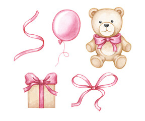 Items for holiday, congratulations: satin ribbons, toy, gift box, balloon. Set of elements for design, scrapbooking. Watercolor illustration on a white background.