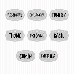 Food storage labels. Kitchen food tags collection for kitchen containers or jars. Basil, paprika, cumin, oregano, thyme
