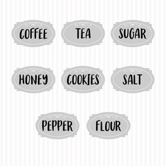 Food storage labels. Kitchen food tags collection for kitchen containers or jars. Sugar, salt, coffee, tea, honey