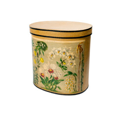 image of a vintage hatbox isolated on white. closed lid. With decoupage