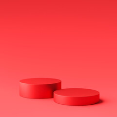 Red product display or podium stand on red background with advertising banner. Modern pedestal for...
