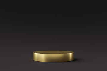 Golden product display or podium stand on black background with advertising banner. Modern pedestal...