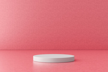 White product display or podium stand on pink background with advertising banner. Modern pedestal for design. 3D rendering.