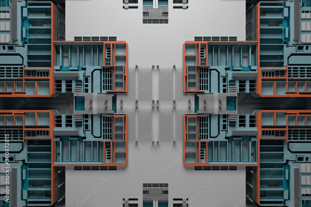 Poster 3d render of technology background with complex structure and details.