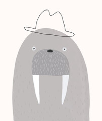 Portrait of Mr. Walrus in a Bowler Hat. Funny Hand Drawn Vector Illustration with Gray Arctic Walrus. Infantile Style Nursery Art. Kids Room Decoration.