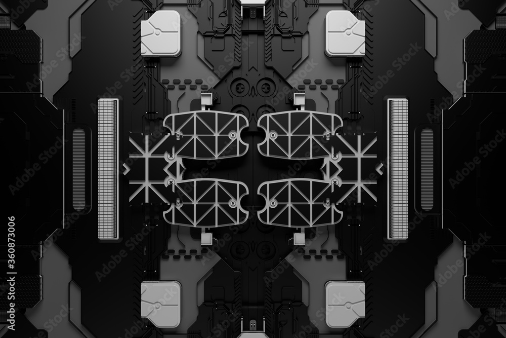 Poster 3d render of technology background with complex structure and details.